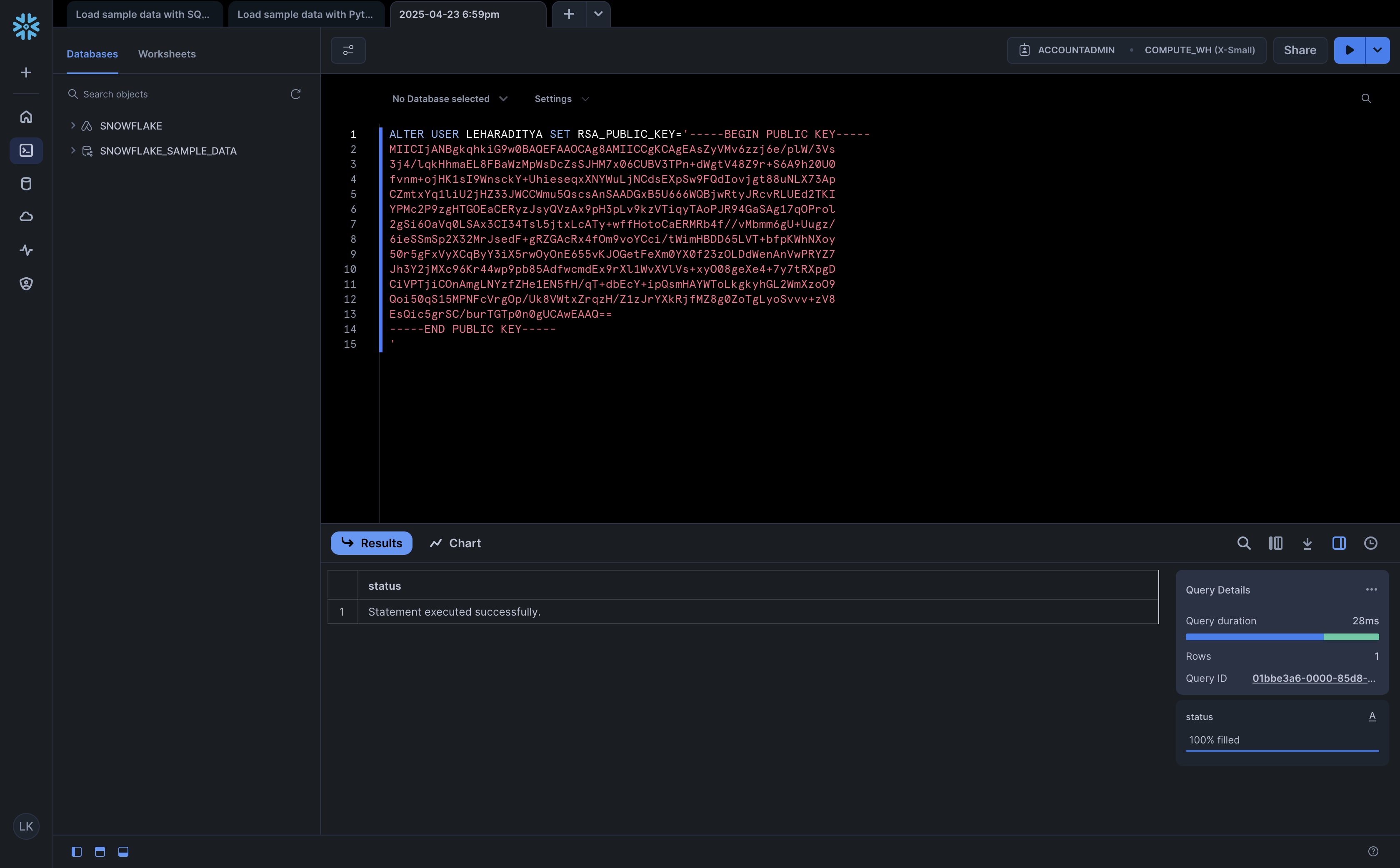 Adding the public key to Snowflake