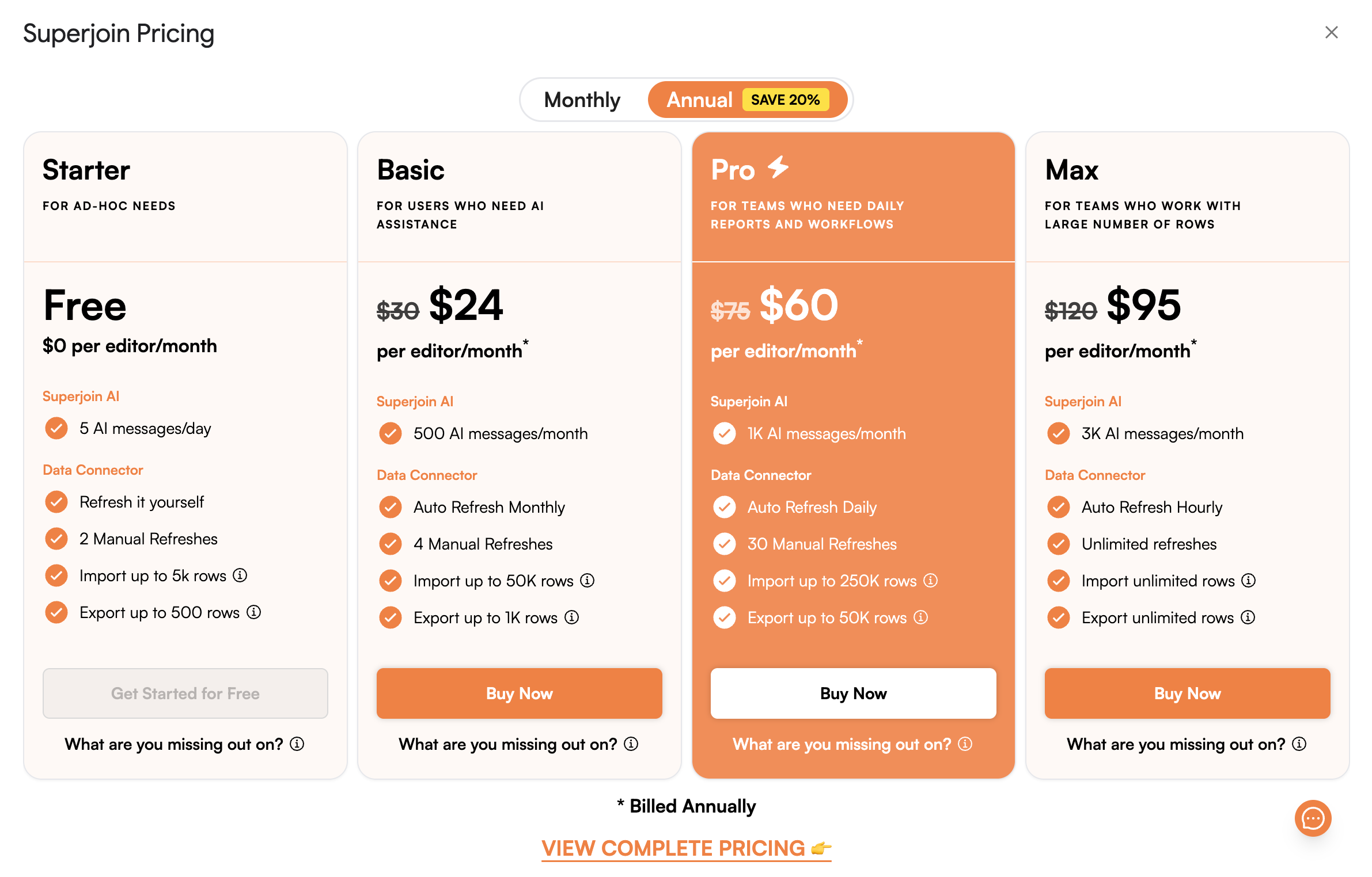 Superjoin's pricing structure showing per-user model