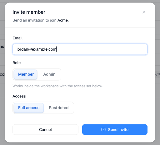 Invite member dialog with jordan@example.com entered, Member and Full access selected, and the Send invite button enabled.