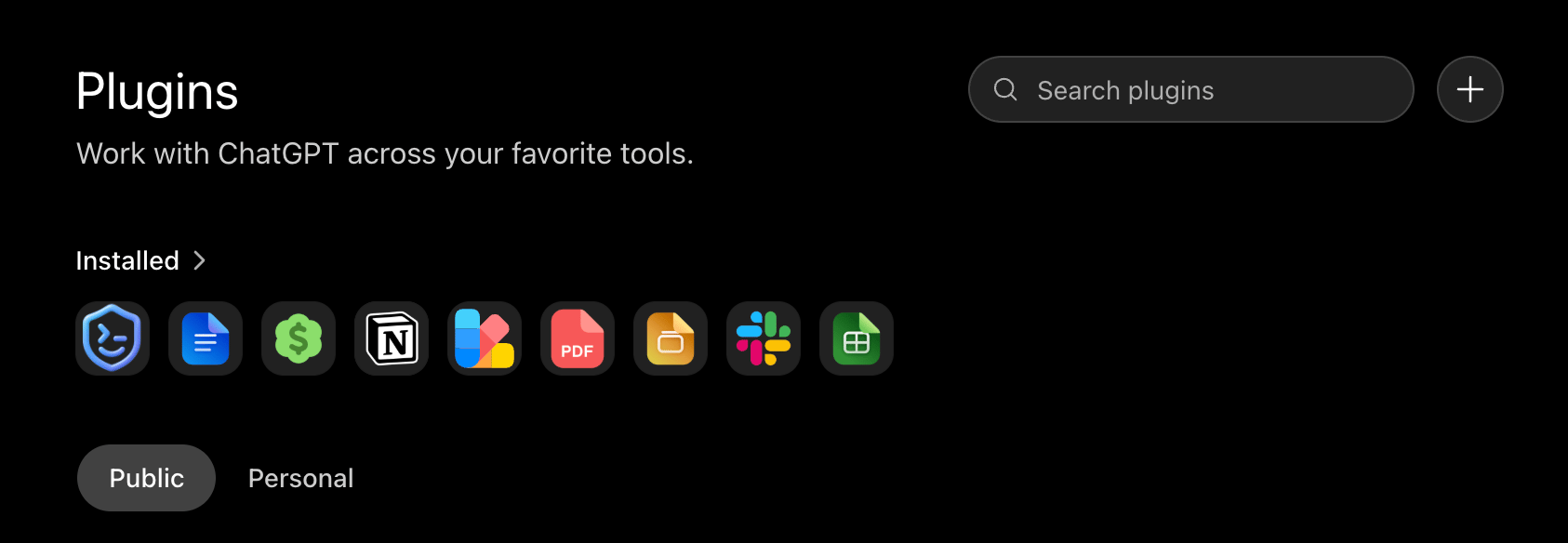 ChatGPT Web Plugins page in dark mode with the plus icon
