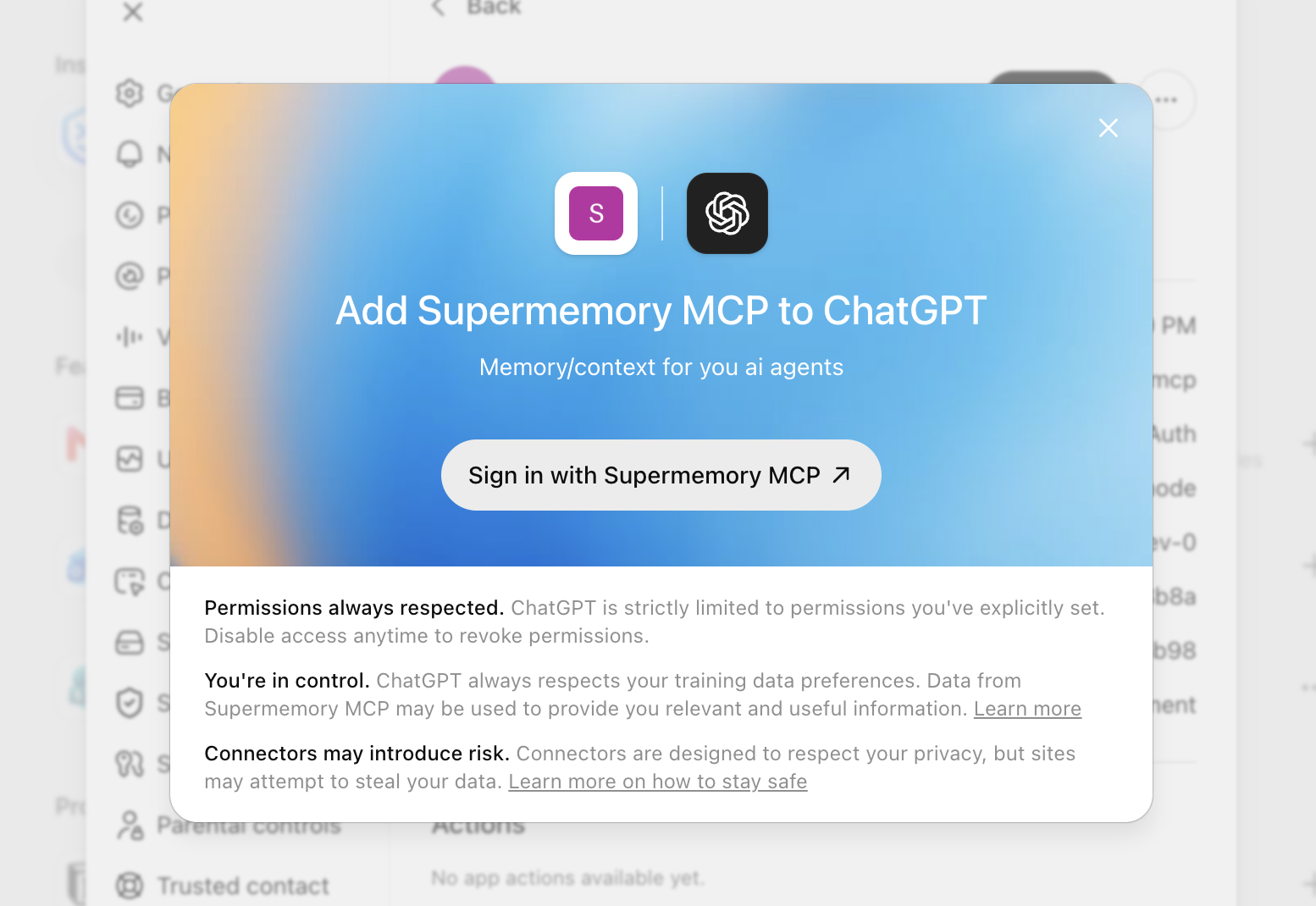 ChatGPT authorization dialog for Supermemory MCP in light mode