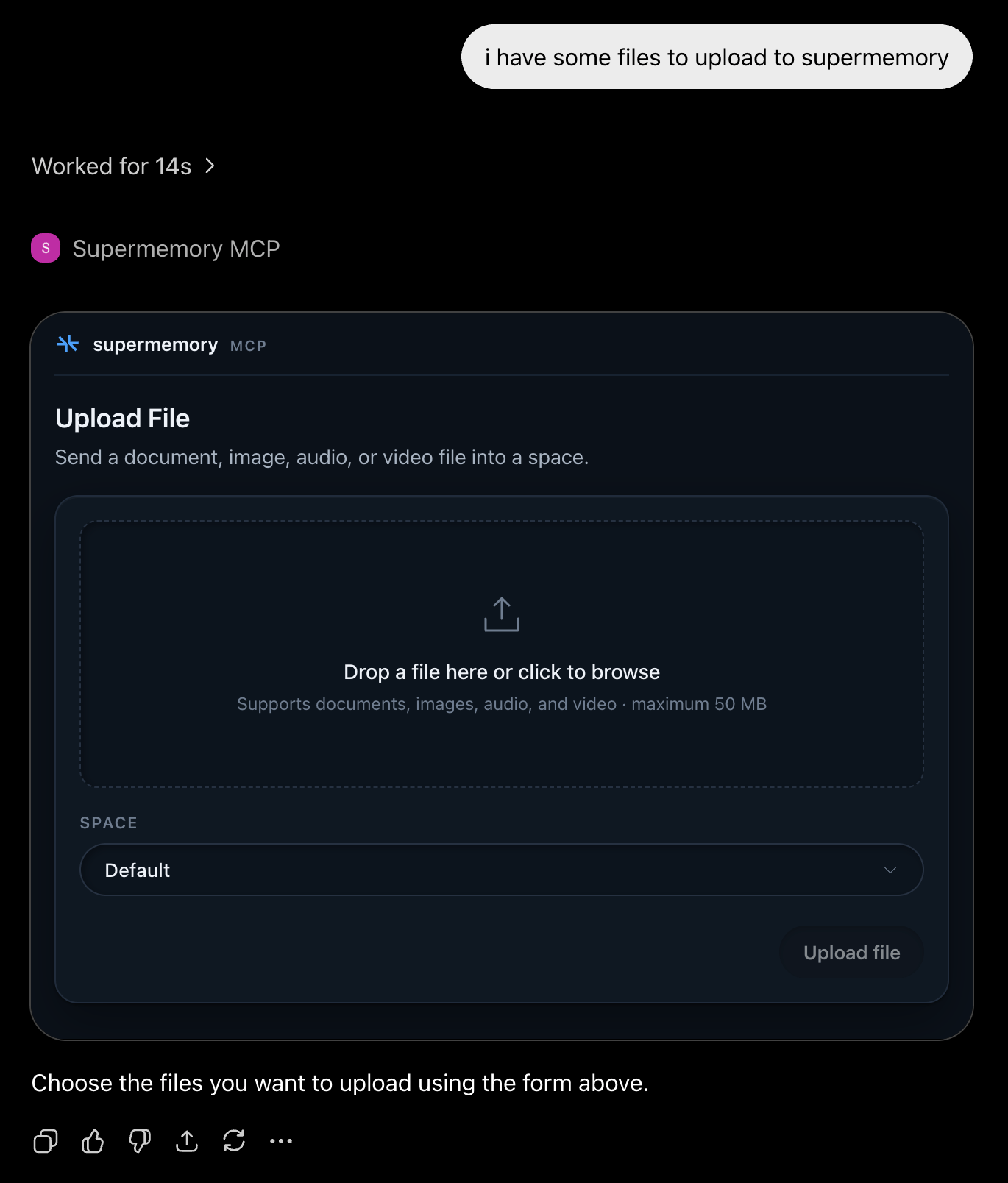 Supermemory MCP file picker with a writable-space selector