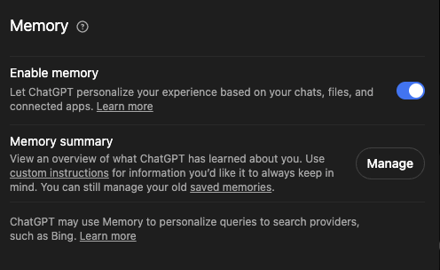 ChatGPT Personalization settings in dark mode showing the Enable memory switch and Memory summary