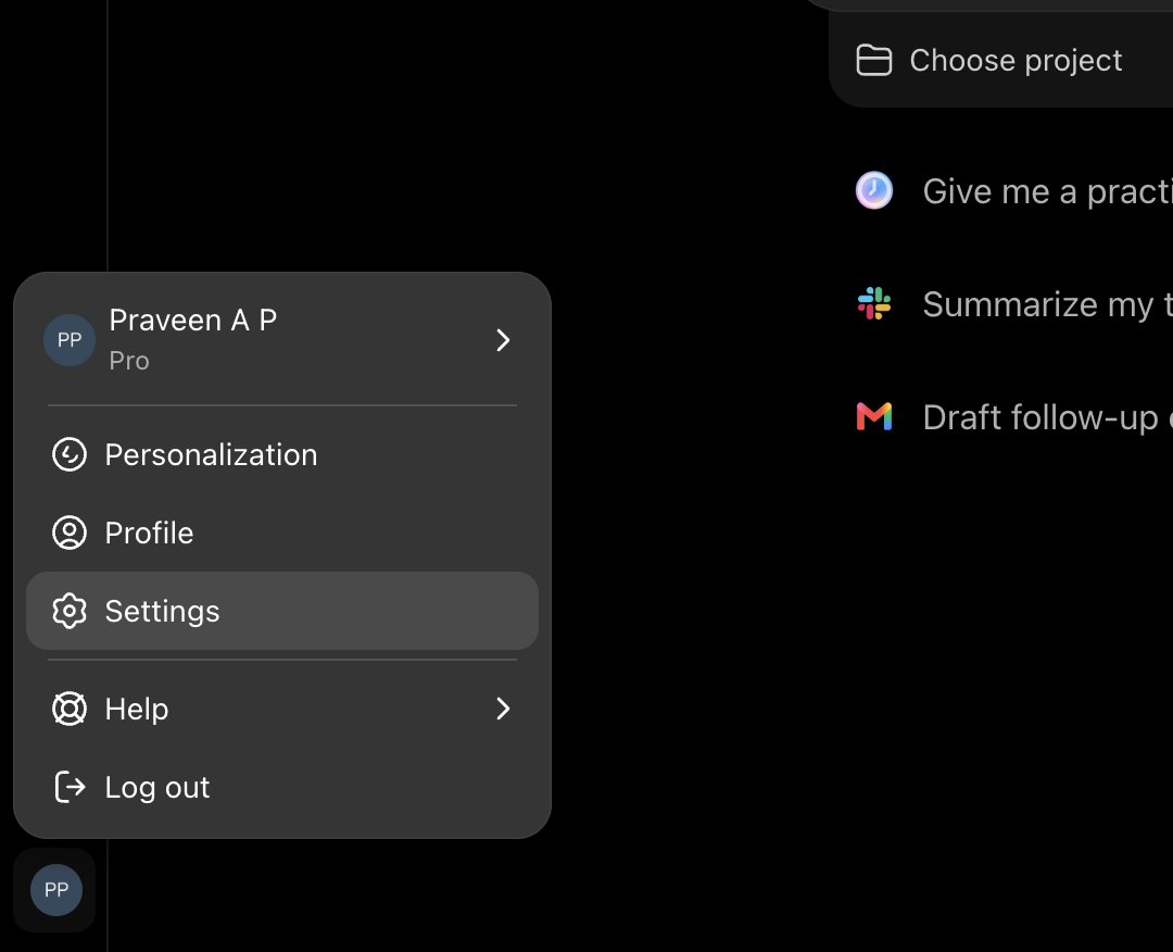 ChatGPT Web profile menu in dark mode with Settings highlighted