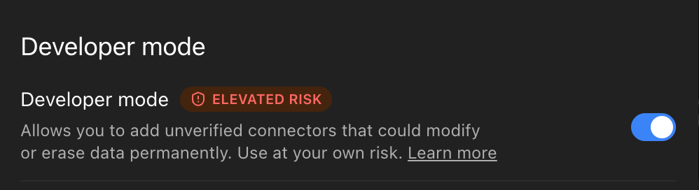 Developer mode enabled in ChatGPT Web dark mode