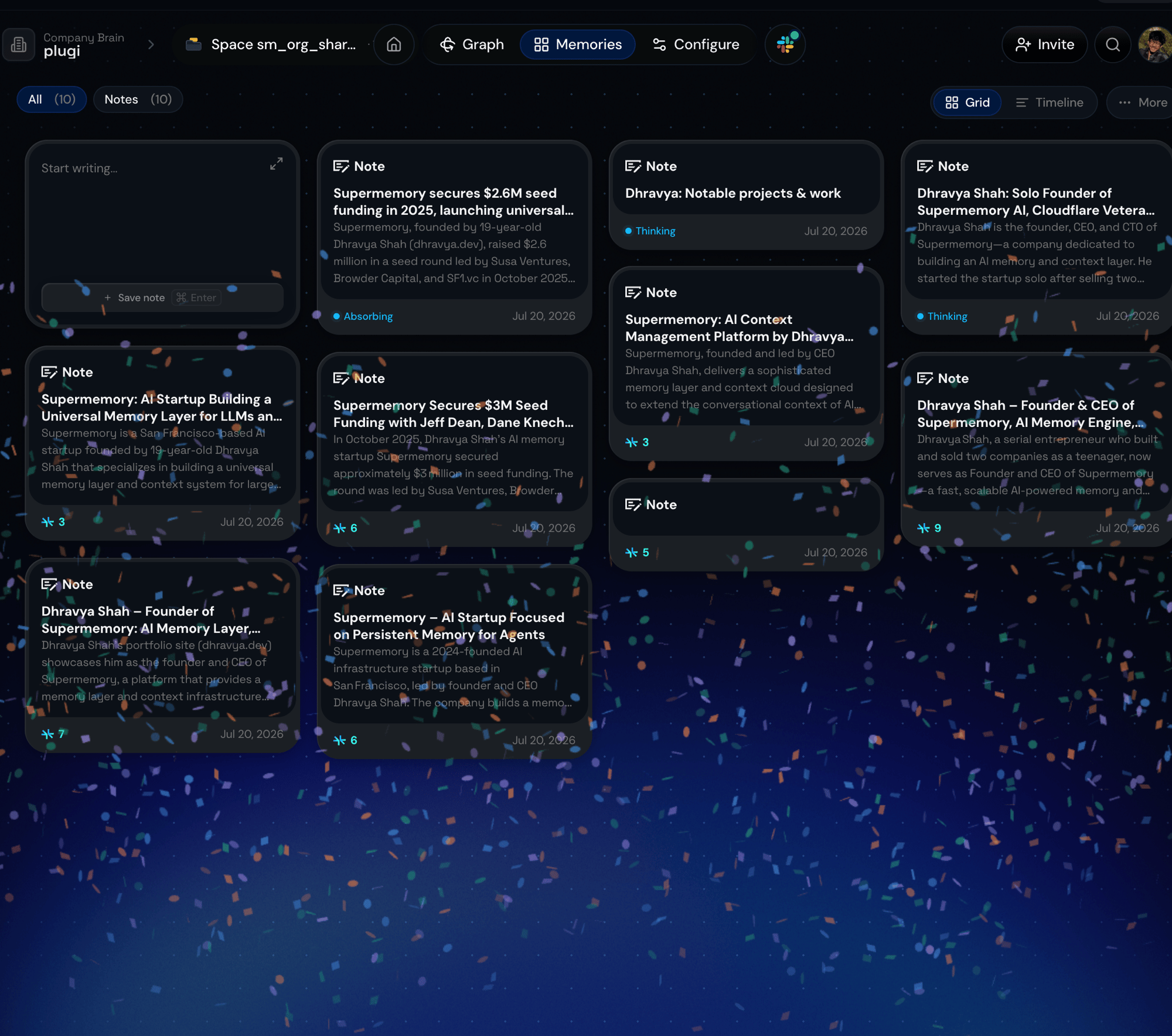 The finished research — real notes about the company and founder, ready to search