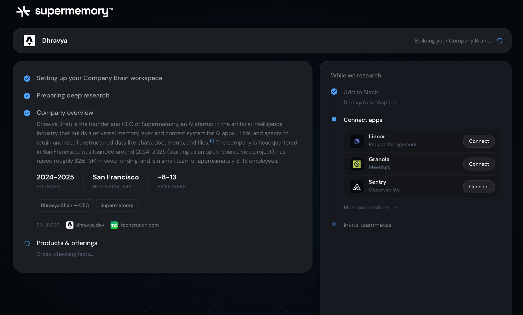 Research in progress, with Add to Slack and Connect apps available alongside it