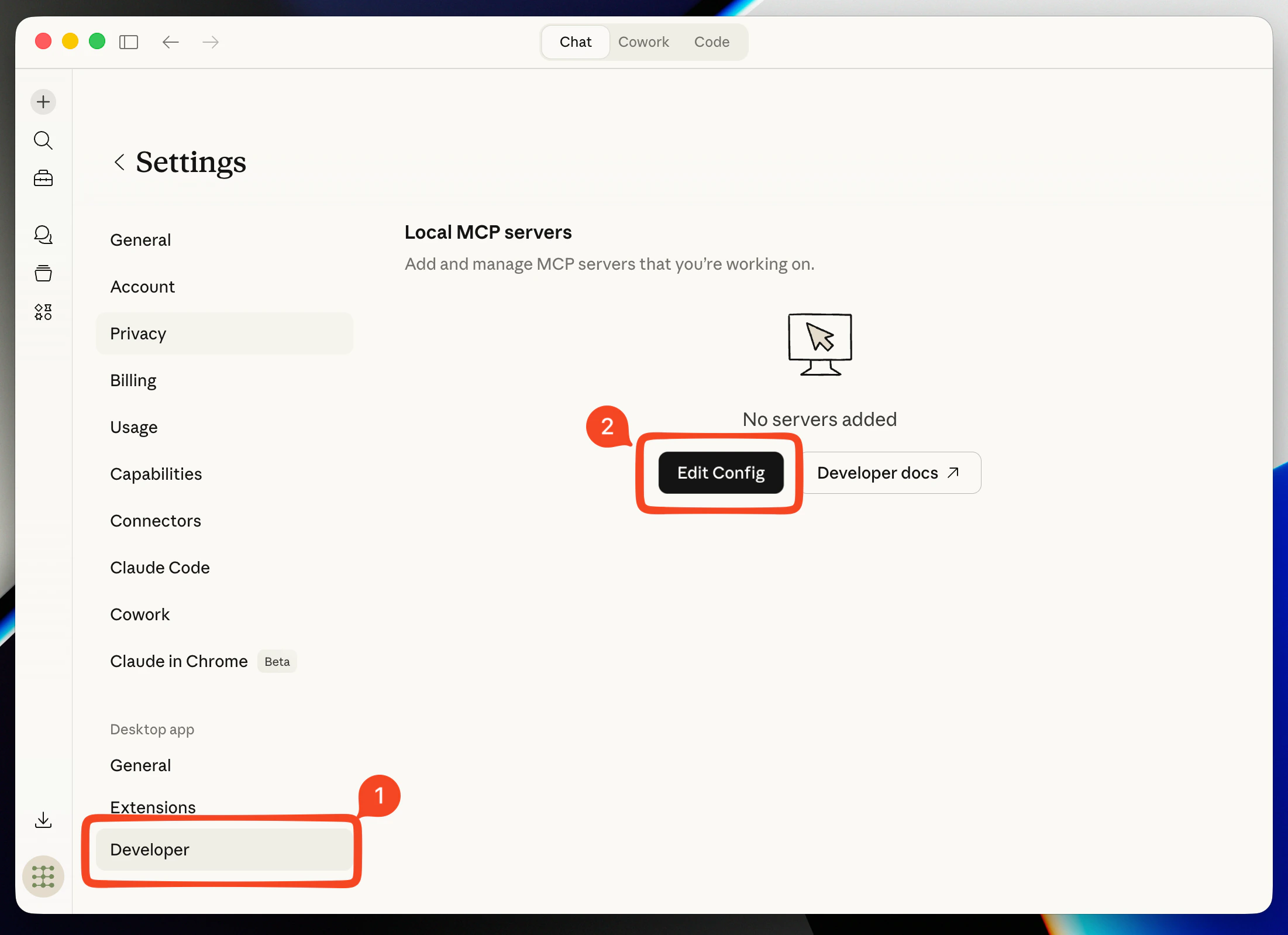 Claude Desktop settings: Developer in the sidebar and Edit Config highlighted