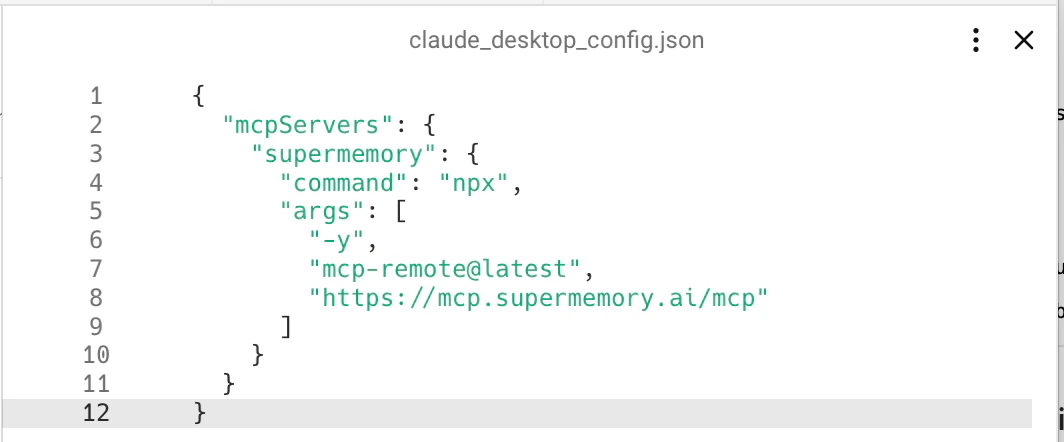 JSON editor showing supermemory mcpServers configuration