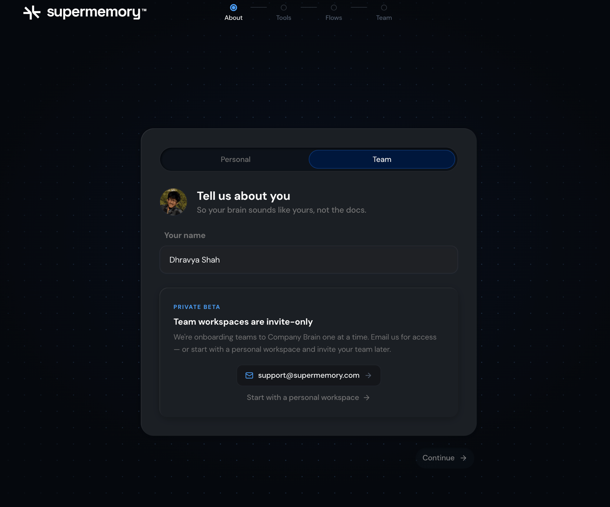 Personal/Team toggle on sign-up, with the private-beta invite notice for Team
