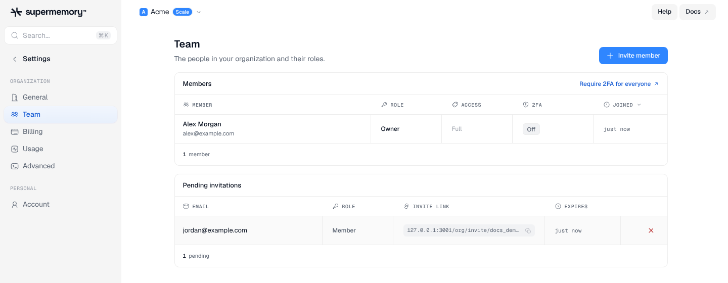 Acme Team settings with Invite member above Members and a Pending invitations table containing an invite link.