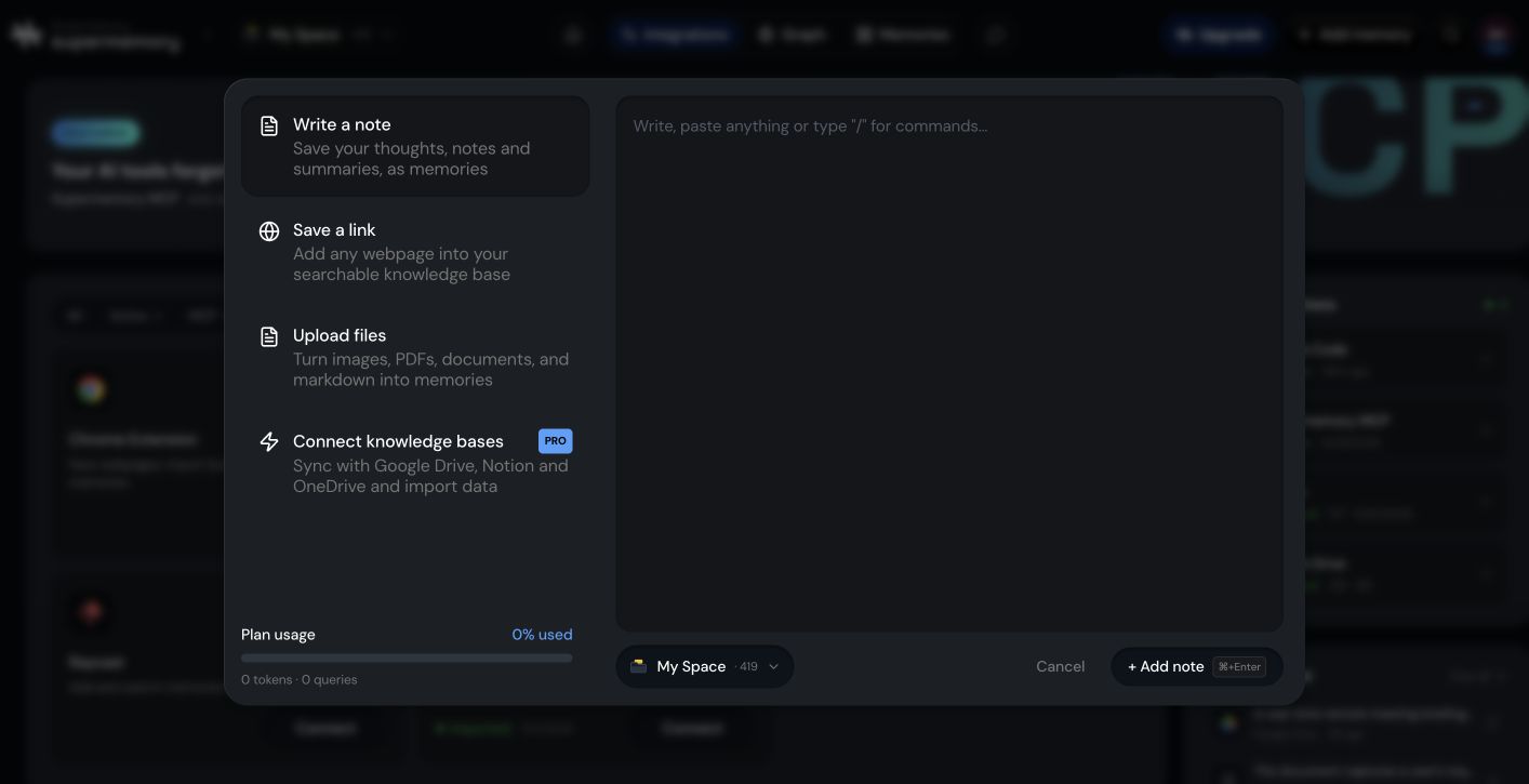 Add memory dialog with note, link, and file options