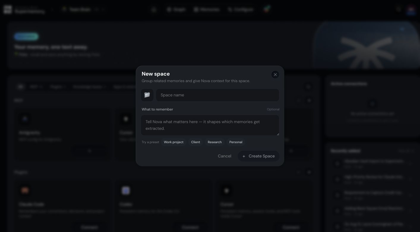 New space dialog with What to remember field