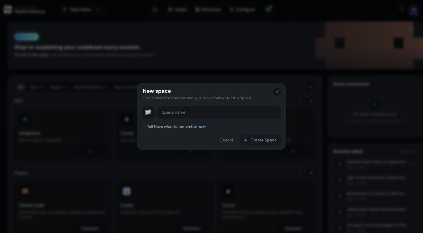 New space dialog with name field