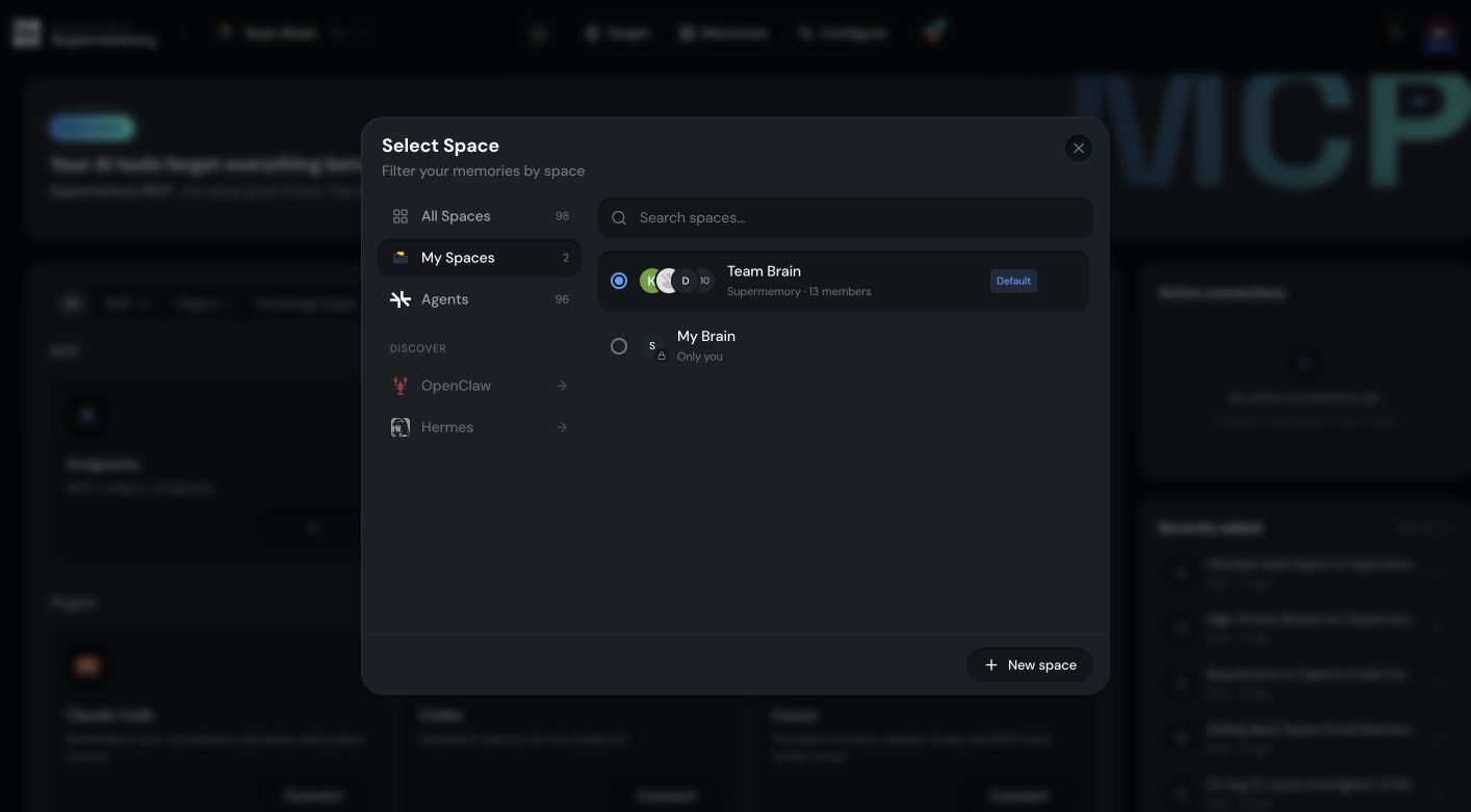 Space selector listing available Spaces