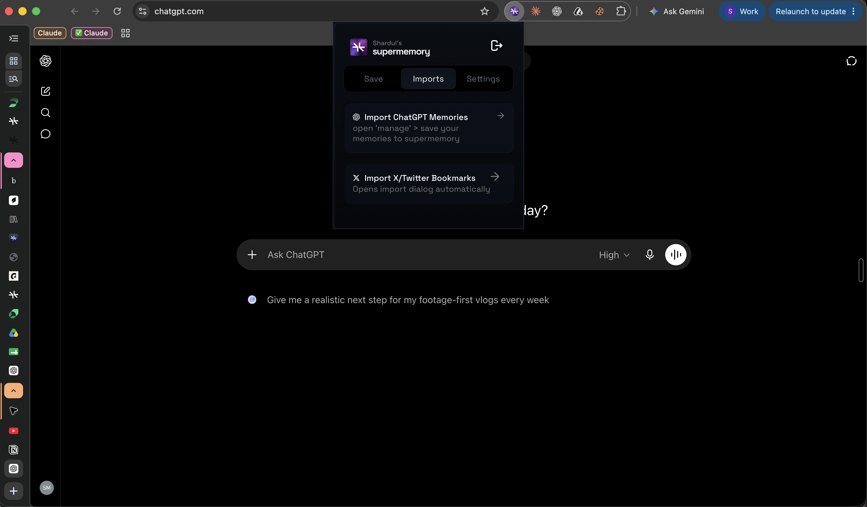 Supermemory Chrome extension Imports tab showing the Import ChatGPT Memories option
