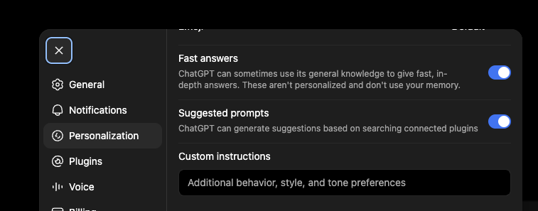 ChatGPT Personalization settings in dark mode showing the Custom instructions field