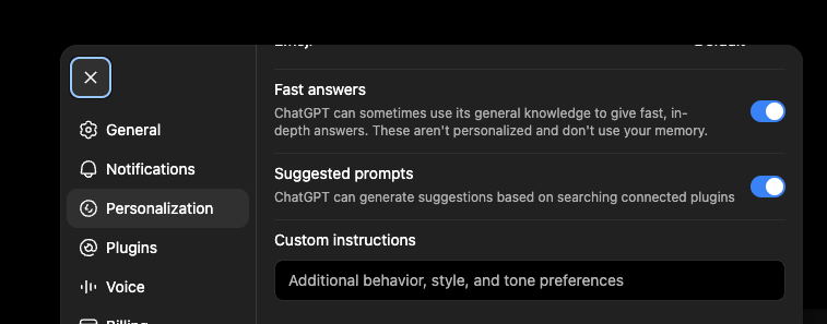 ChatGPT Personalization settings in dark mode showing the Custom instructions field