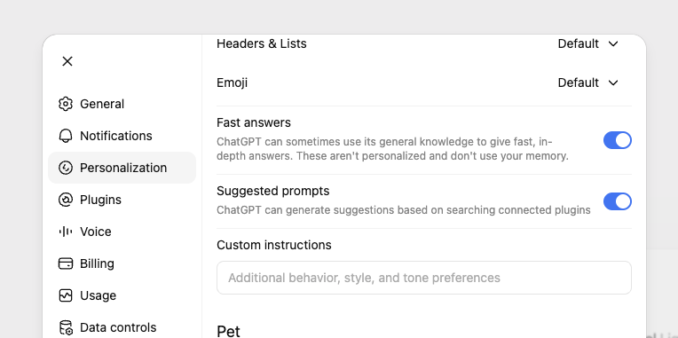 ChatGPT Personalization settings in light mode showing the Custom instructions field