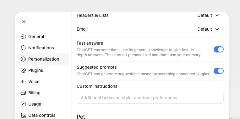 ChatGPT Personalization settings in light mode showing the Custom instructions field