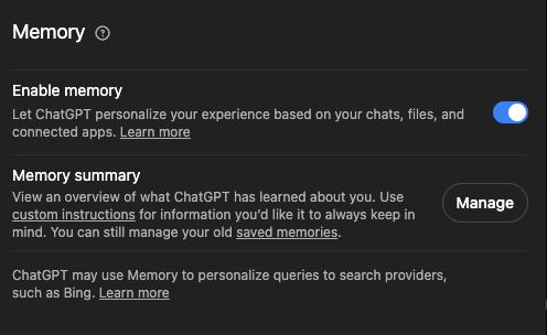 ChatGPT Personalization settings in dark mode showing the Enable memory switch and Memory summary