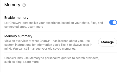 ChatGPT Personalization settings in light mode showing the Enable memory switch and Memory summary