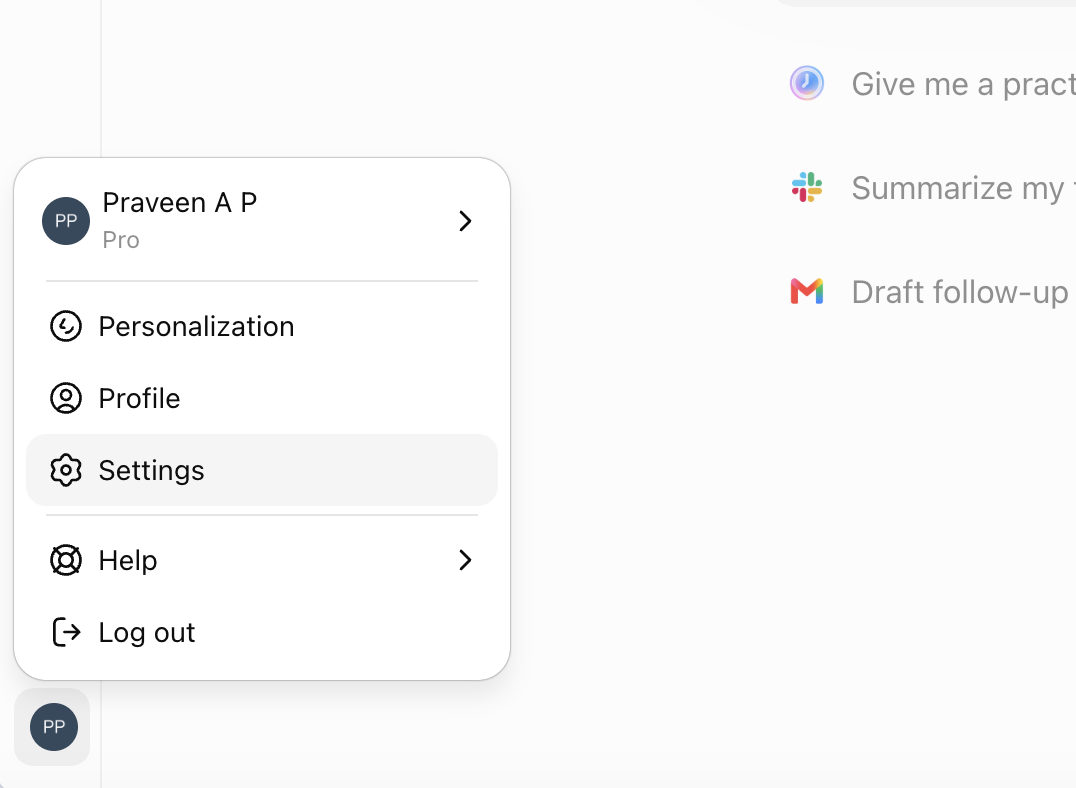 ChatGPT Web profile menu in light mode with Settings highlighted