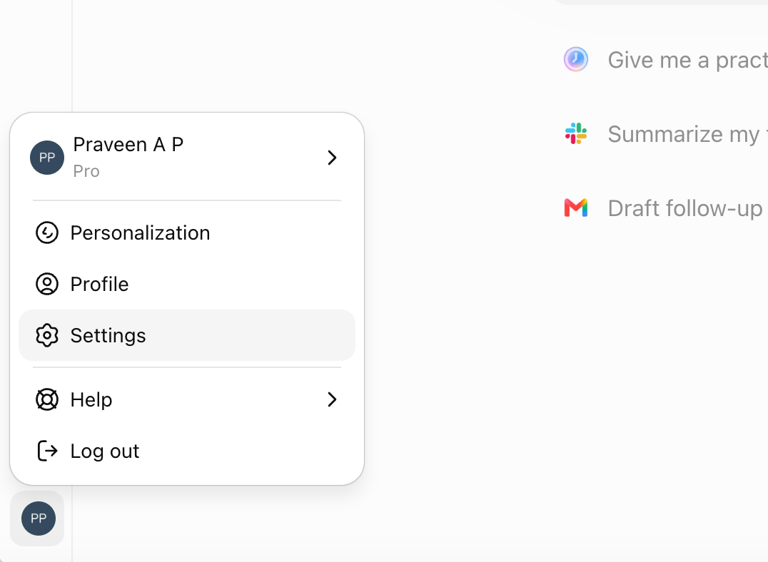 ChatGPT Web profile menu in light mode with Settings highlighted