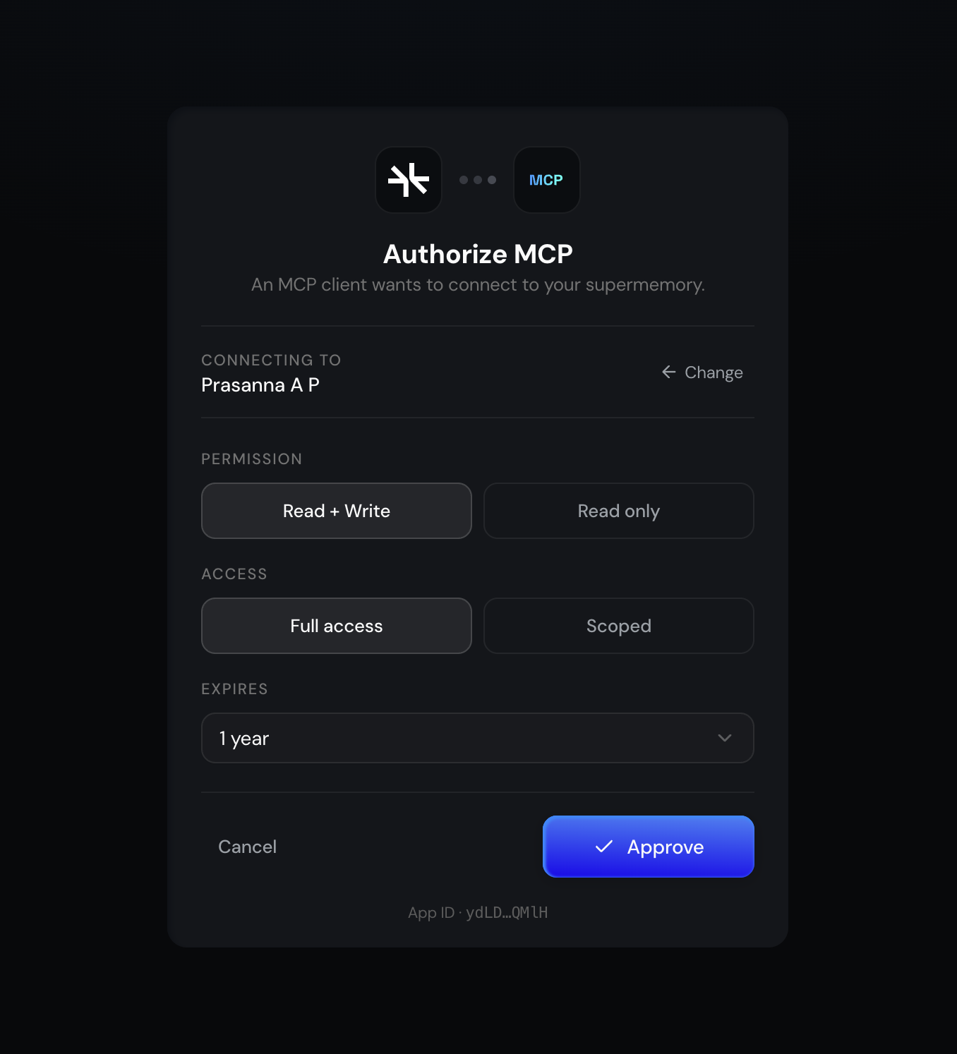 Supermemory MCP authorization page with permission, access, and expiration controls