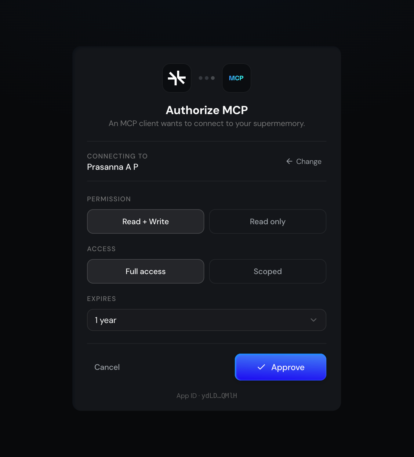 Supermemory MCP authorization page with permission, access, and expiration controls