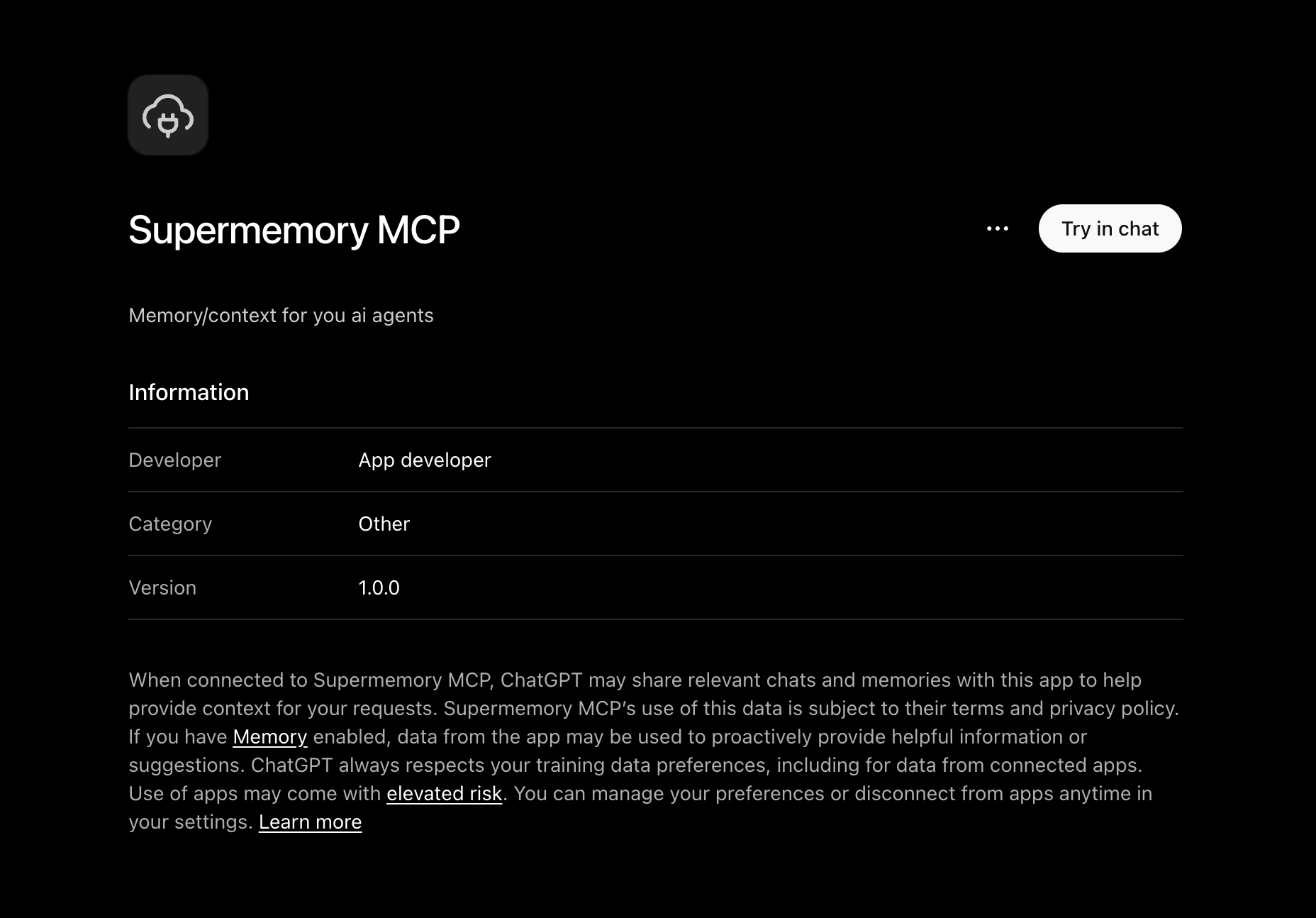 Connected Supermemory MCP page in ChatGPT Web dark mode