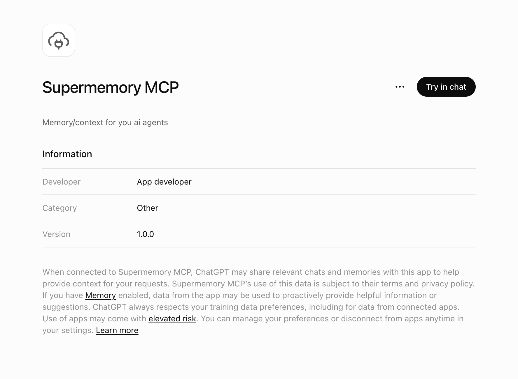 Connected Supermemory MCP page in ChatGPT Web light mode