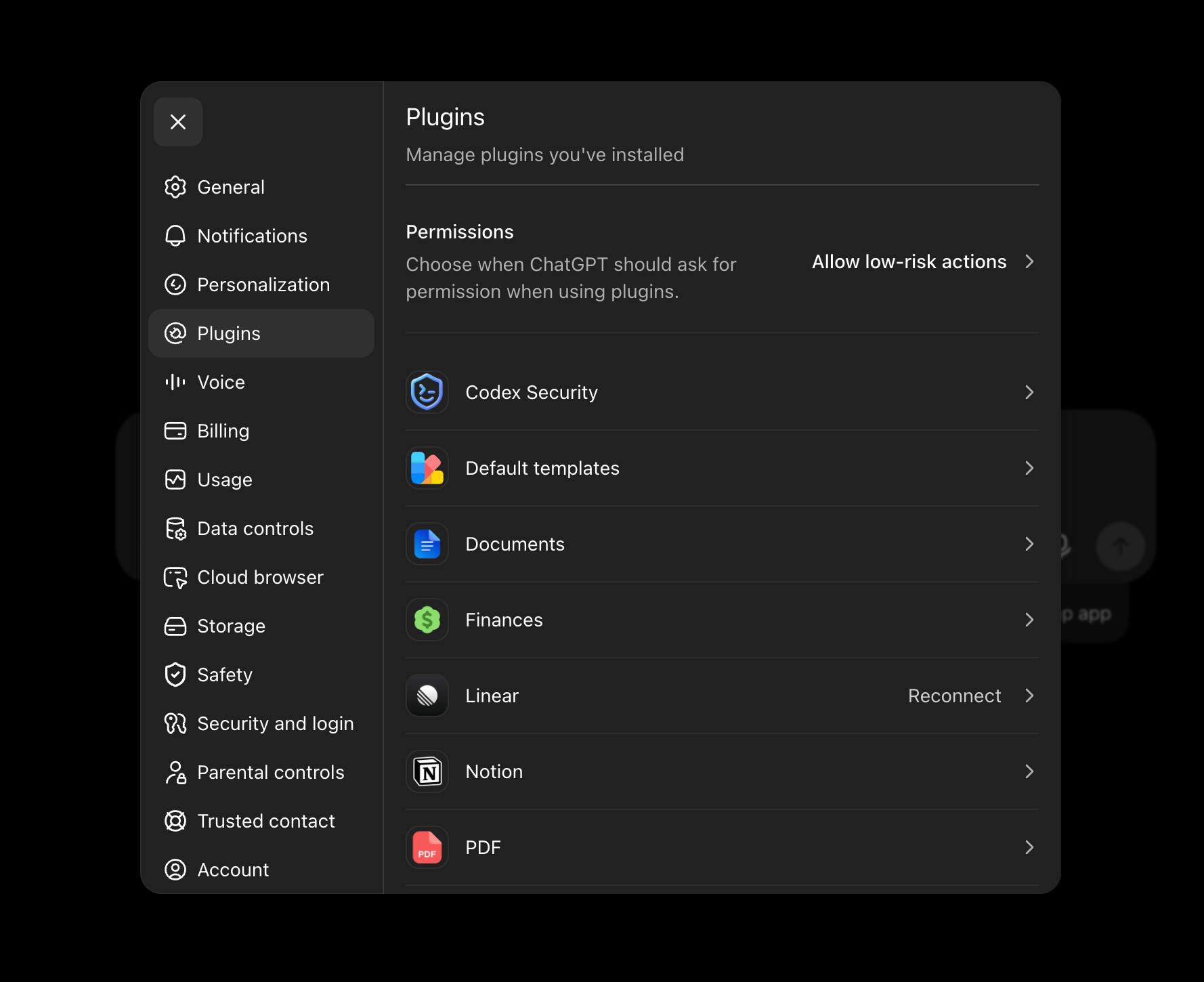 ChatGPT Web Plugins settings in dark mode
