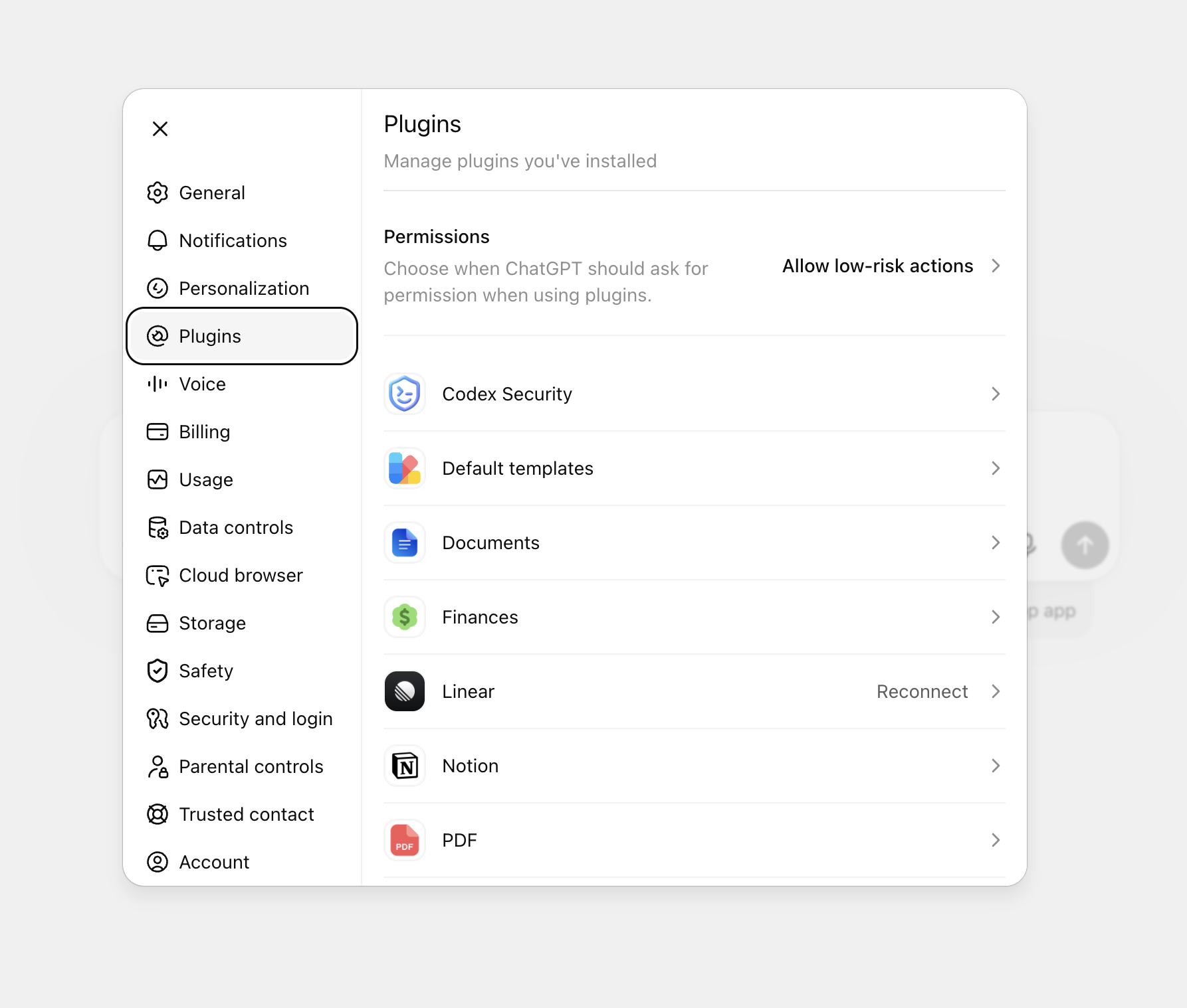 ChatGPT Web Plugins settings in light mode
