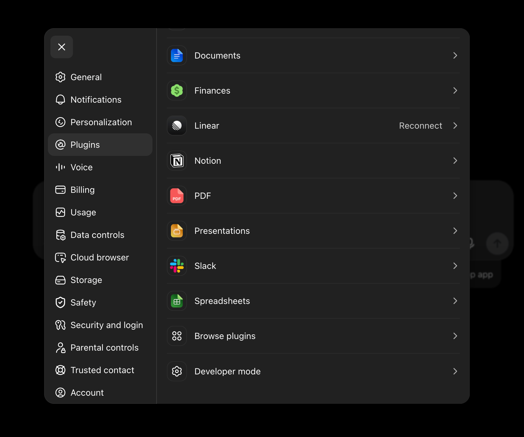 Developer mode and Browse plugins at the bottom of ChatGPT Web Plugins settings in dark mode