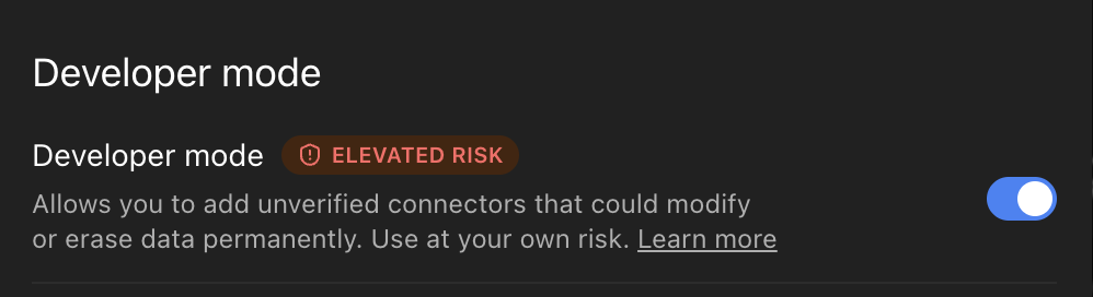 Developer mode enabled in ChatGPT Web dark mode