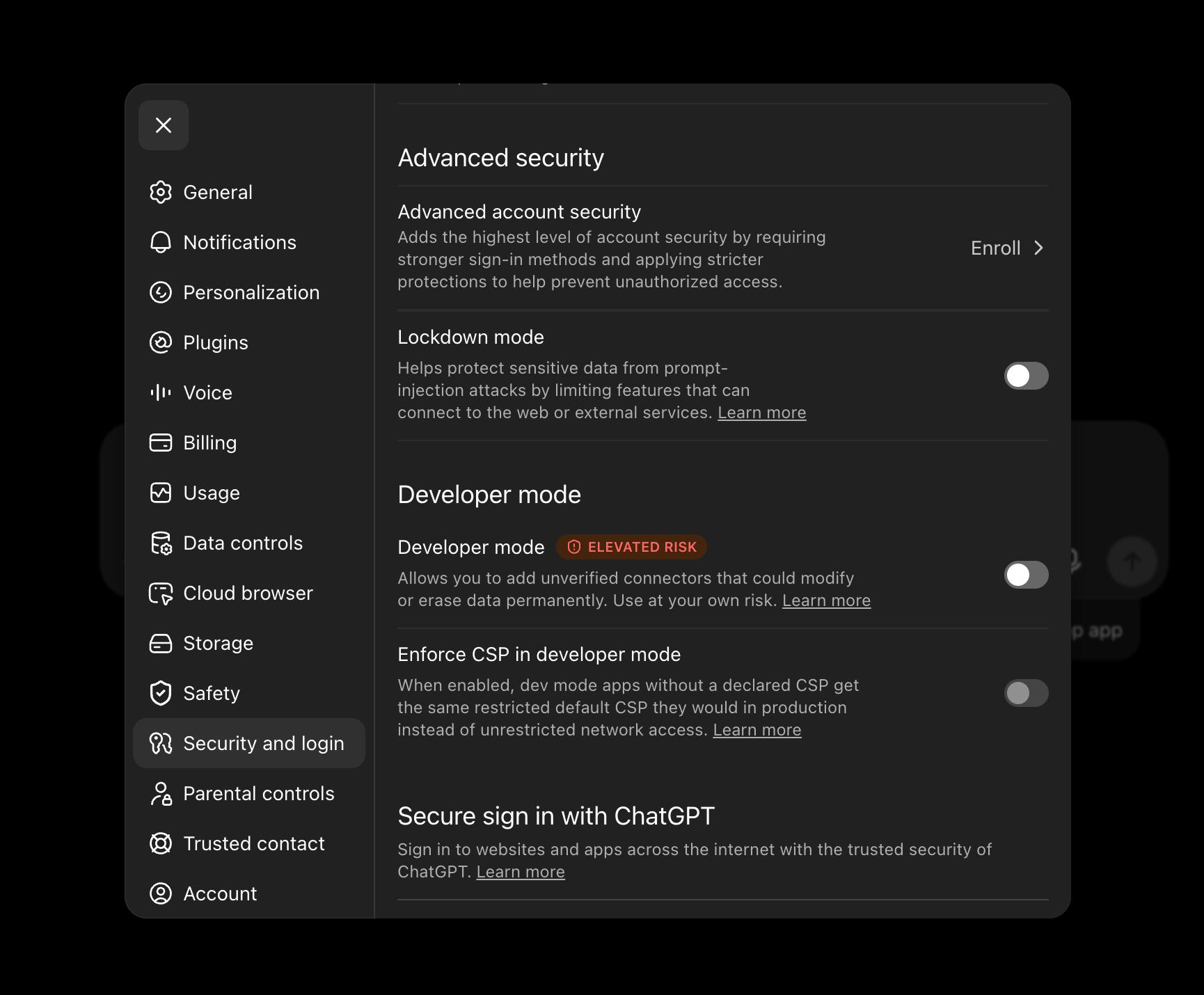 Developer mode section under Security and login in ChatGPT Web dark mode