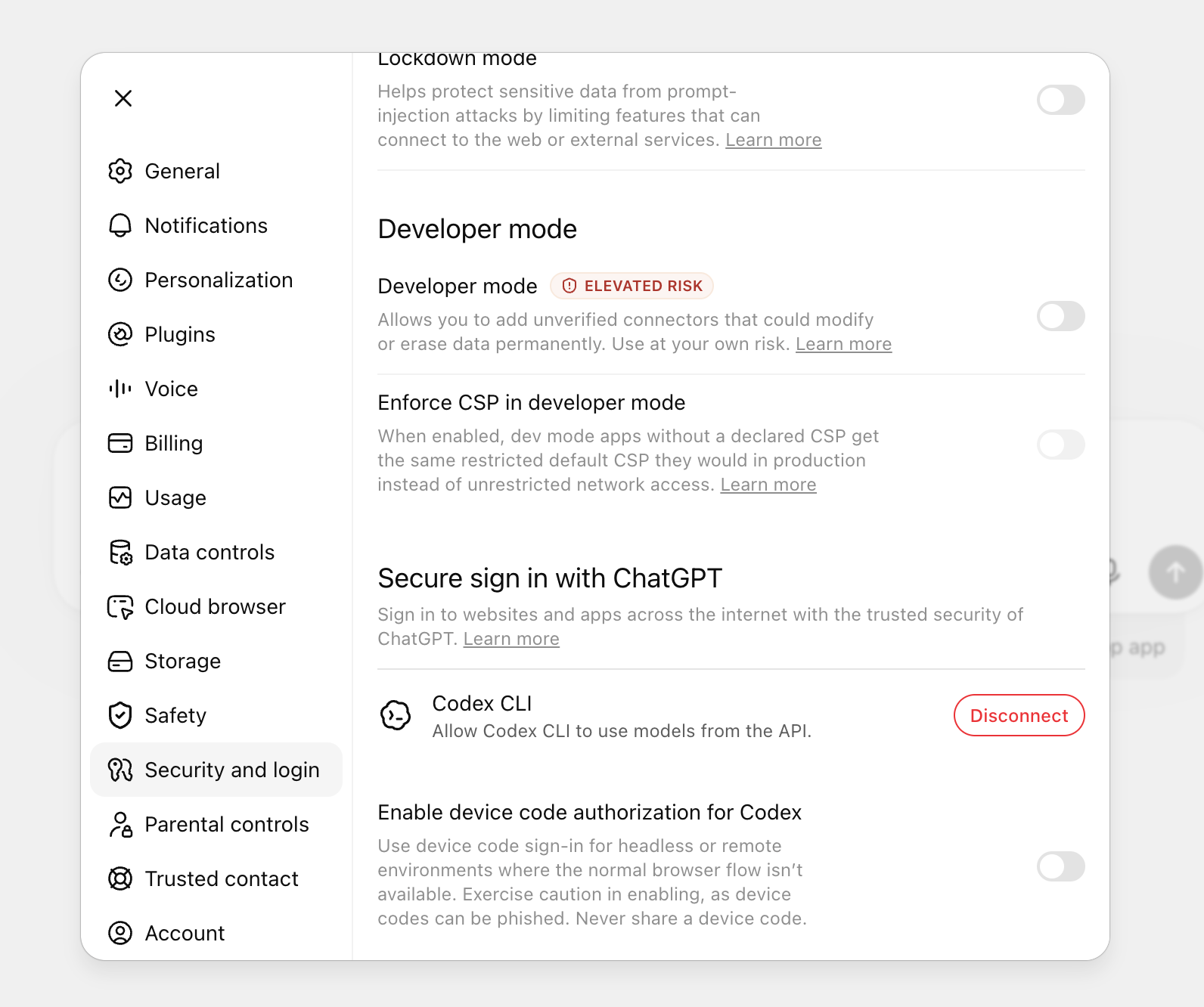 Developer mode section under Security and login in ChatGPT Web light mode