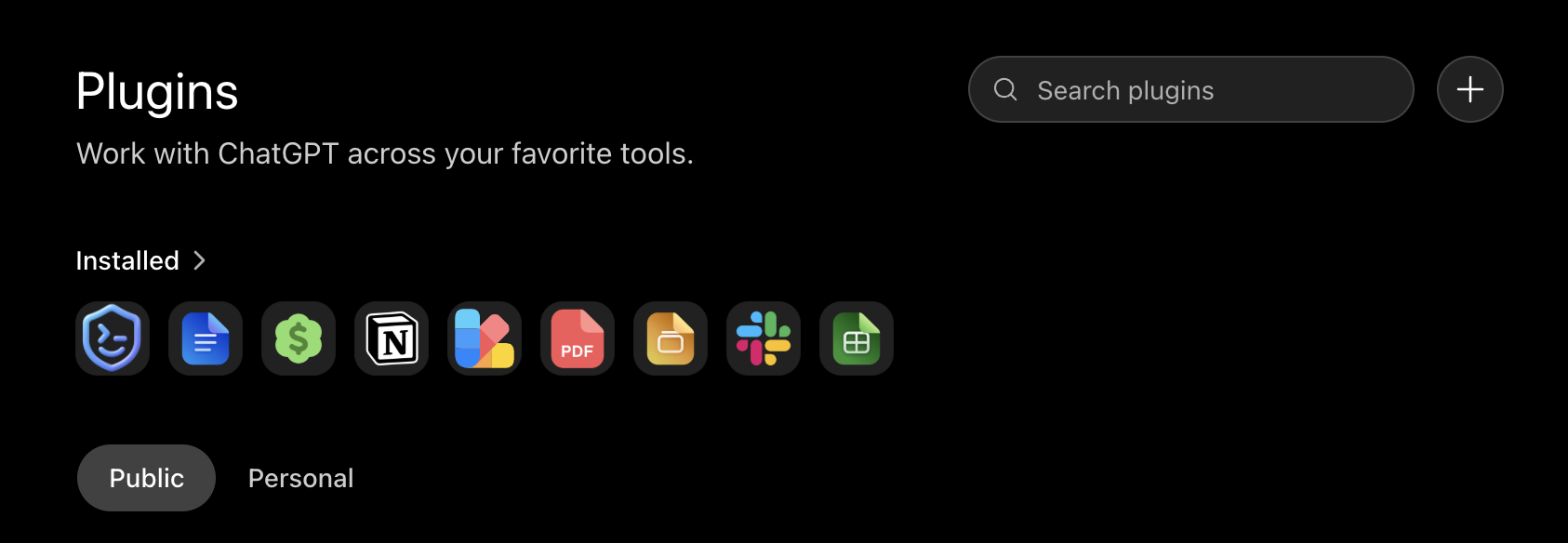 ChatGPT Web Plugins page in dark mode with the plus icon
