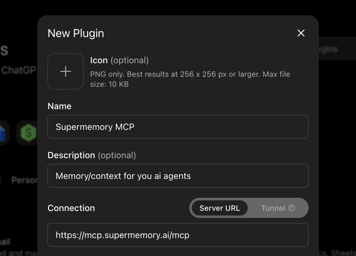 New Plugin form in dark mode filled with the Supermemory MCP details