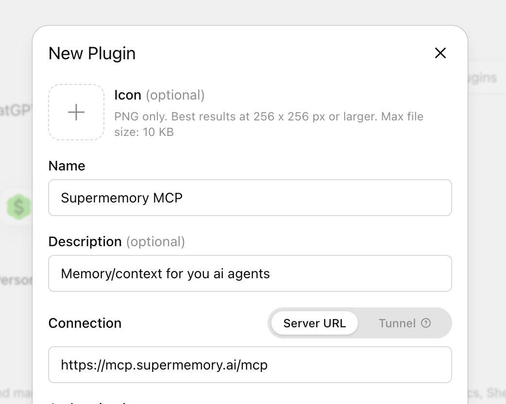 New Plugin form in light mode filled with the Supermemory MCP details