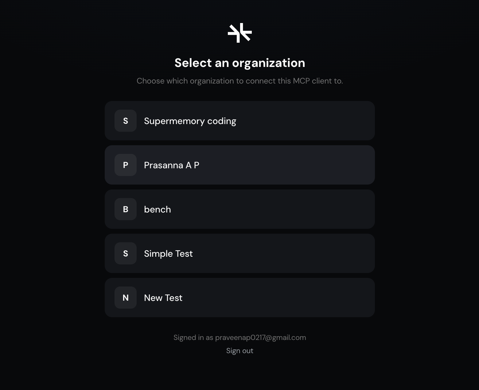 Supermemory organization picker shown for accounts with multiple organizations