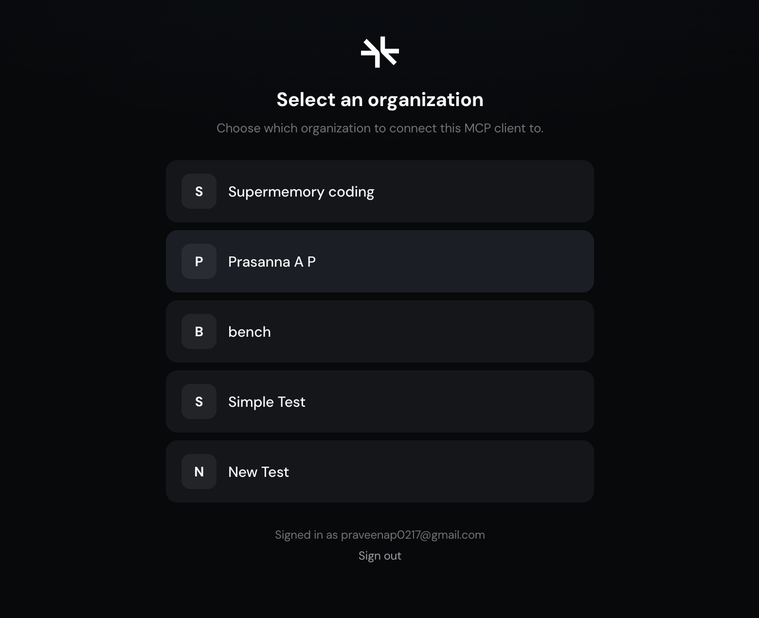 Supermemory organization picker shown for accounts with multiple organizations