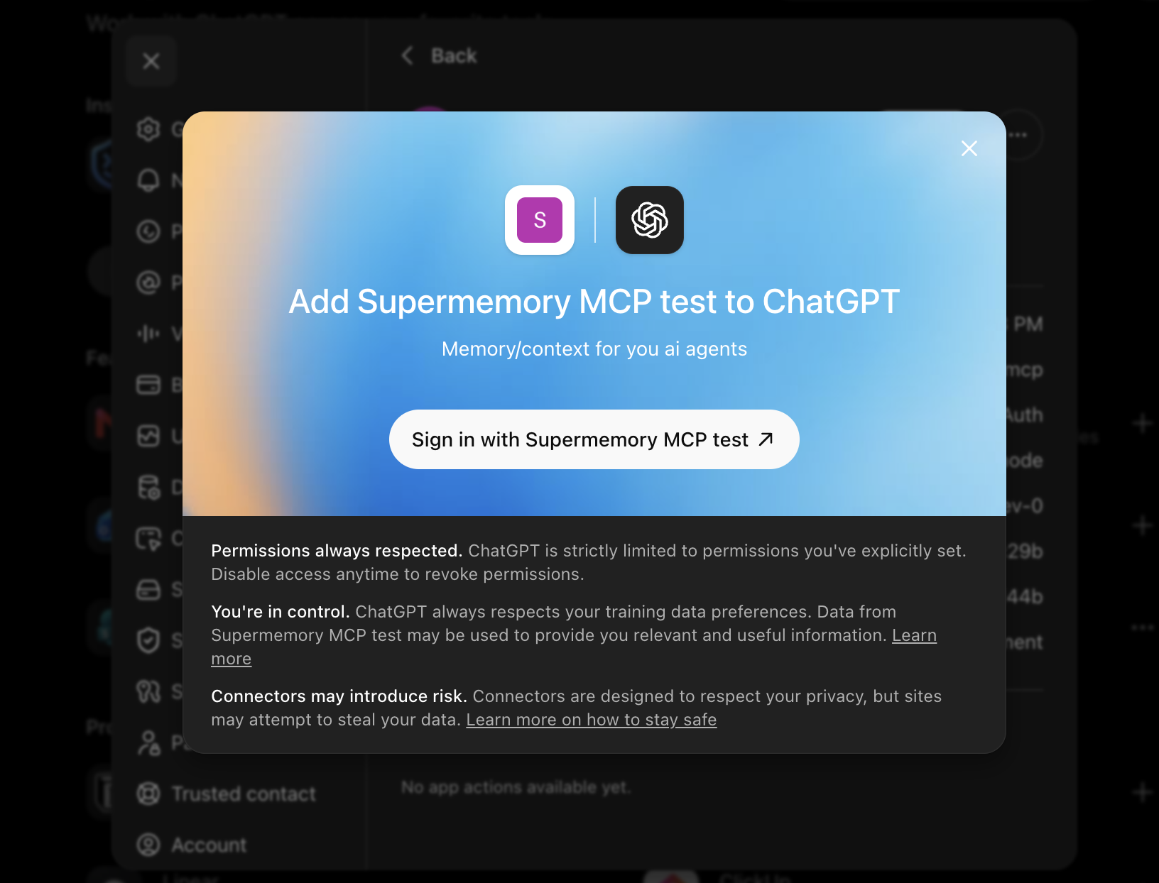 ChatGPT authorization dialog for Supermemory MCP in dark mode