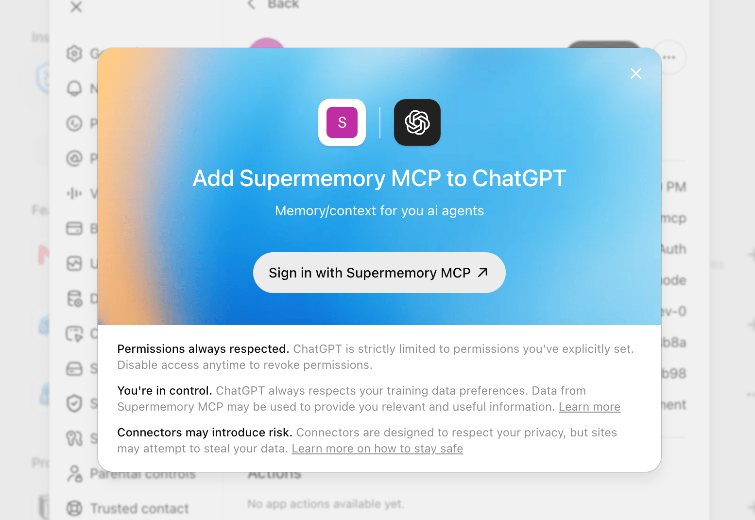 ChatGPT authorization dialog for Supermemory MCP in light mode
