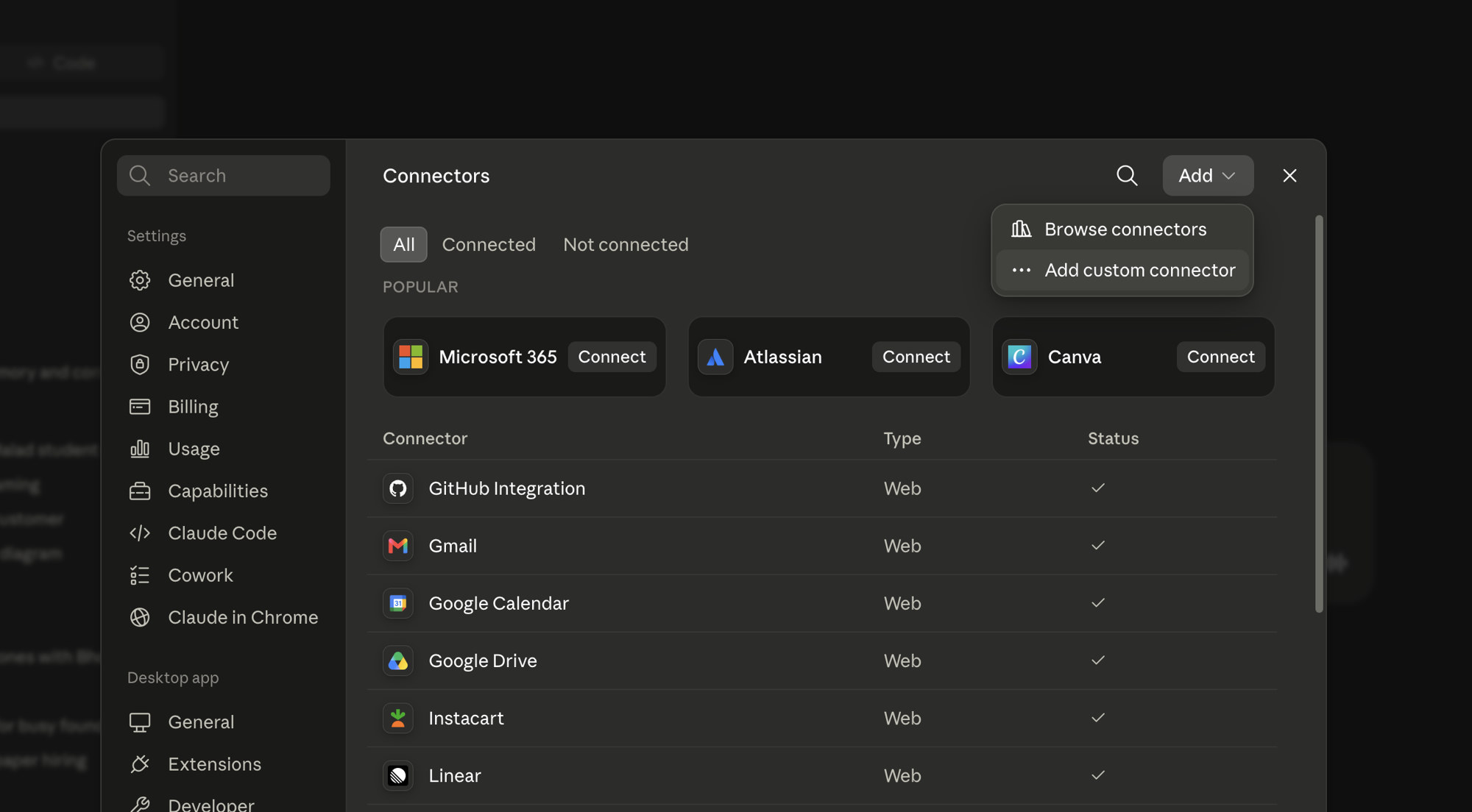 Claude settings Connectors page with Add custom connector highlighted