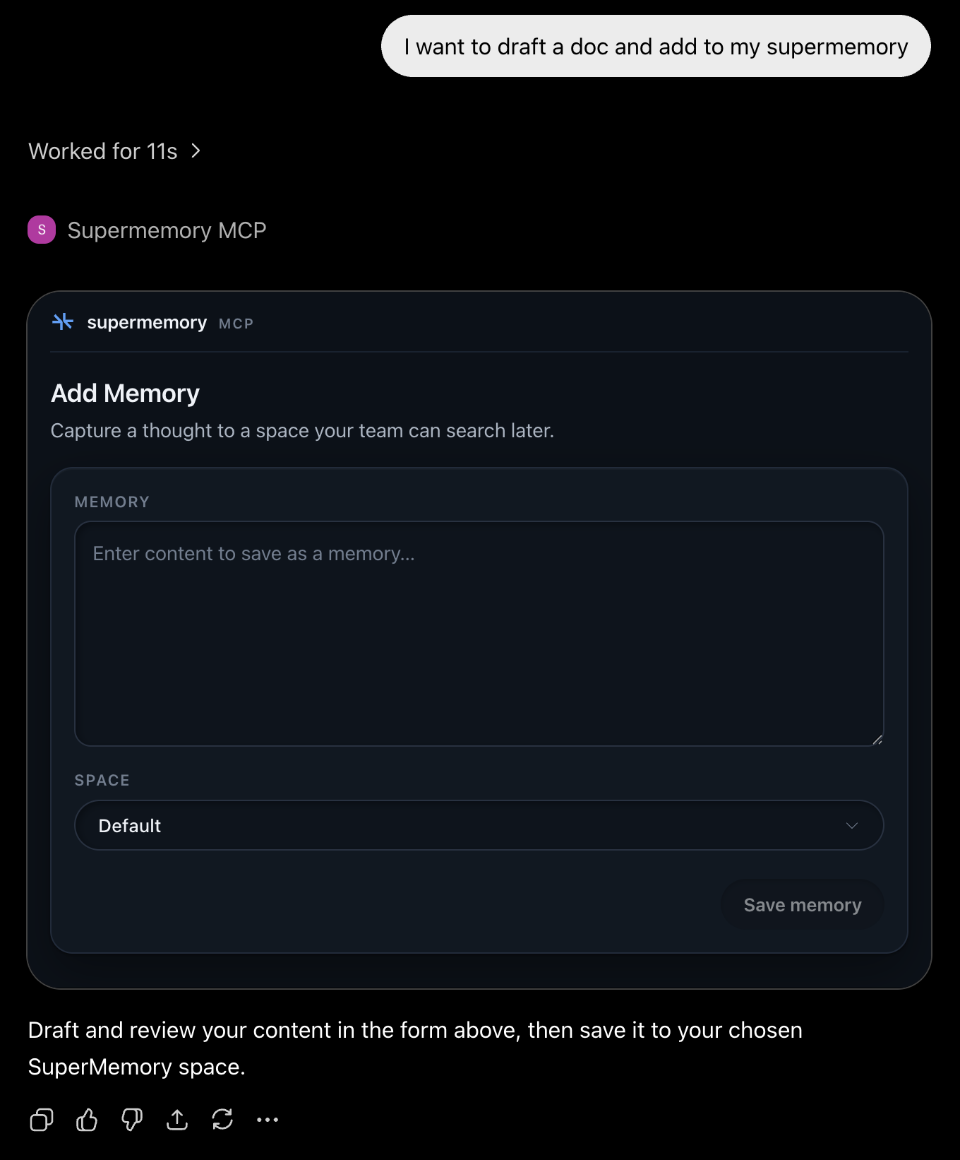 Supermemory MCP guided save draft with editable memory content and a space selector