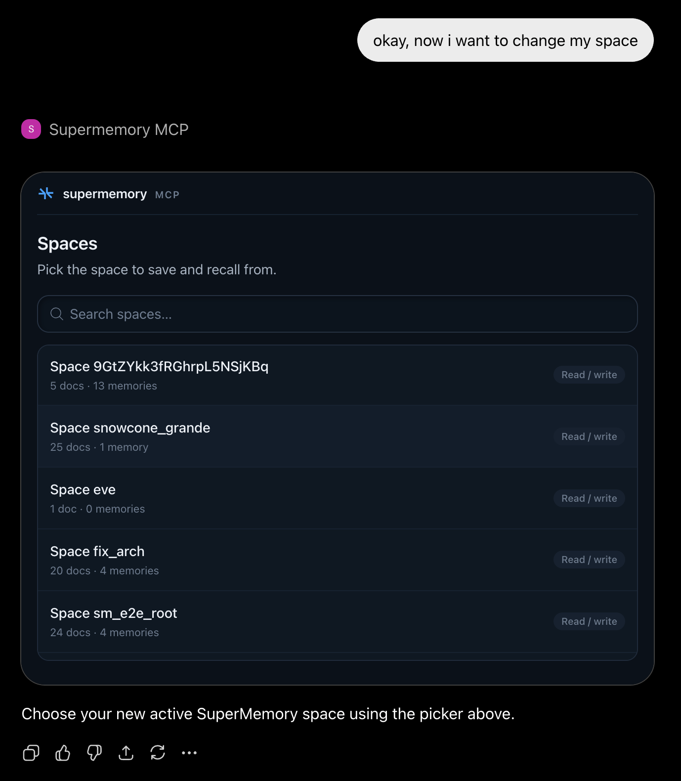 Supermemory MCP searchable space picker