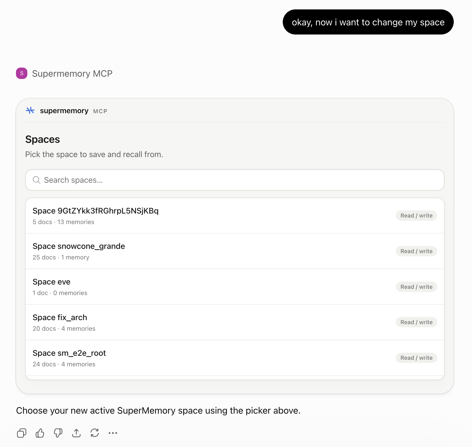 Supermemory MCP searchable space picker