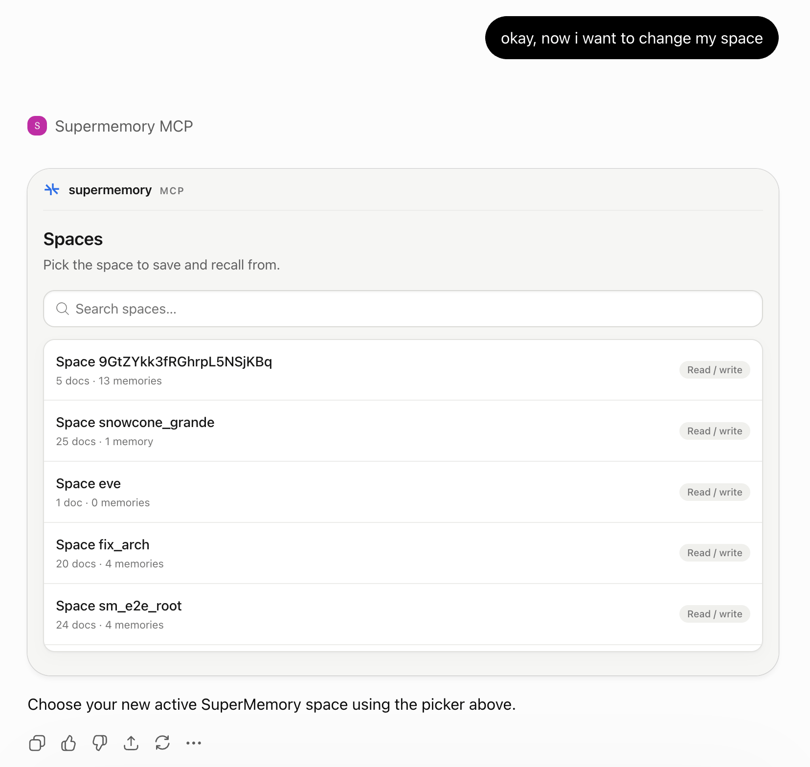 Supermemory MCP searchable space picker